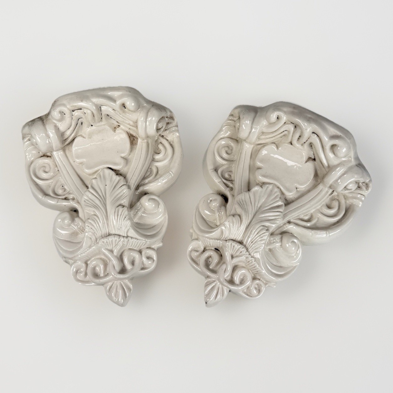 Pair Antique Early 1900s Classical Ceramic Porcelain Italian Wall Shelf Sconce