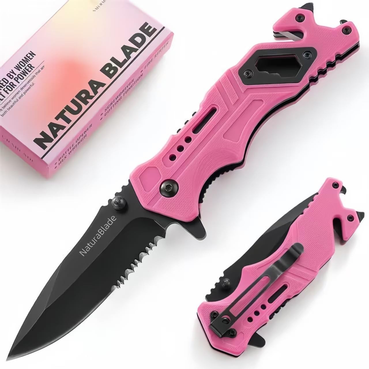 Elegant Pink EDC Pocket Knife for Women, 3 Inch Serrated Blade with G10 Handle