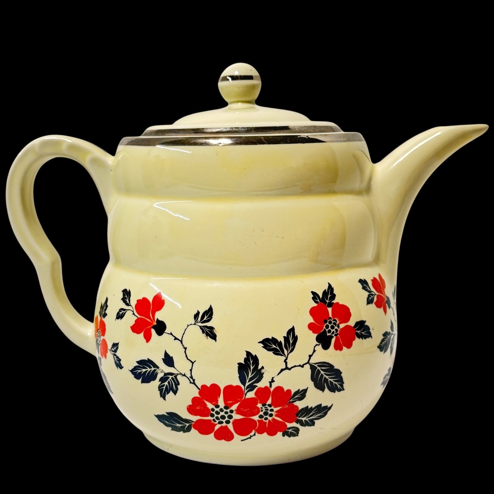 Vintage Hall China Poppy Teapot Cream Red Floral Silver Trim Beehive Art Deco *