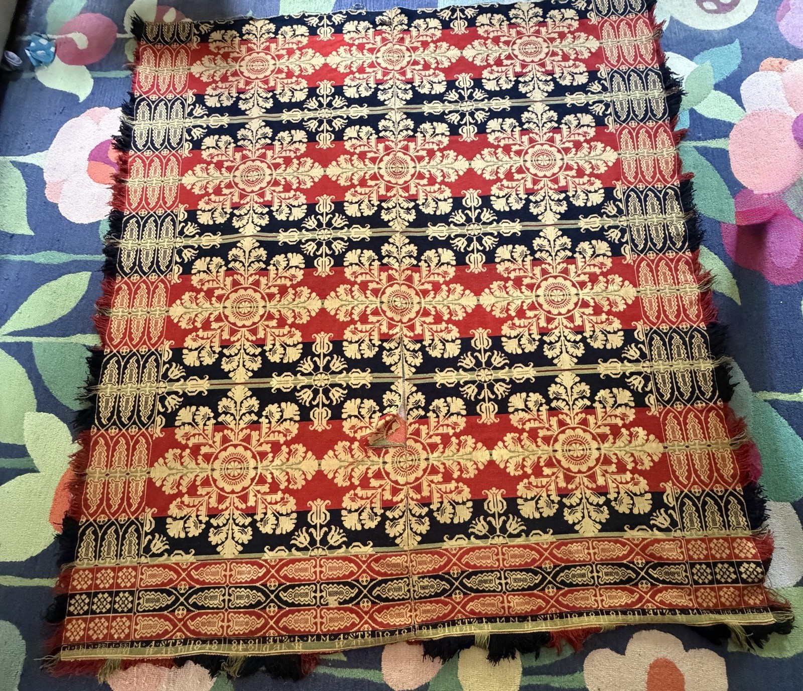 Antique American Jacquard Coverlet Navy Red Gold Medallion Fringe Wool 90x94 C28
