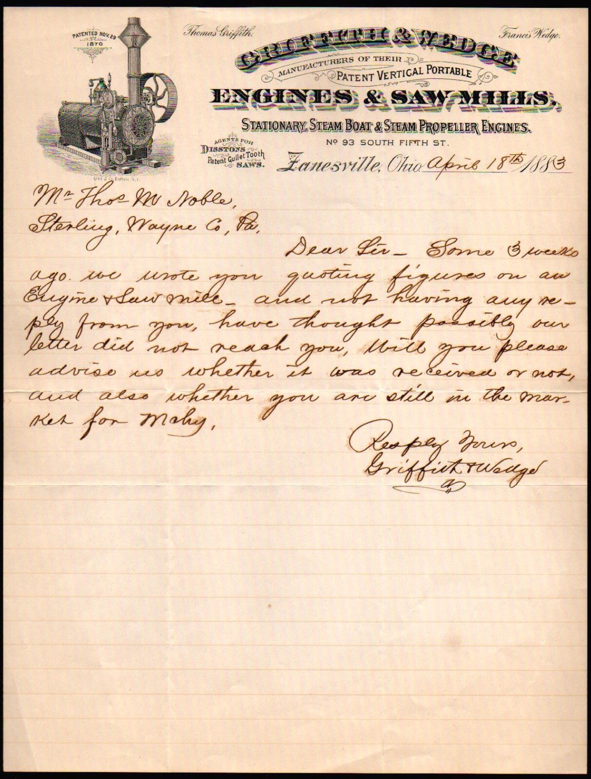 1883 Zanesville Oh - Griffith & Wedge - Engines & Saw Mills - Letter Head Bill