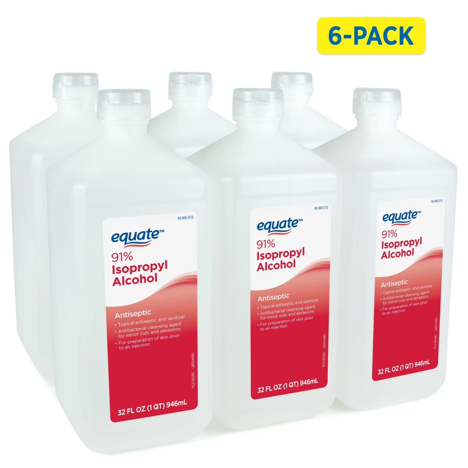 Equate 91% Isopropyl Alcohol Antiseptic Liquid, Resealable, 6 x 32 fl oz 6 PACK Equate 91% Isopropyl Alcohol Antiseptic Liquid, Resealable, 6 x 32 fl oz 6 PACK
