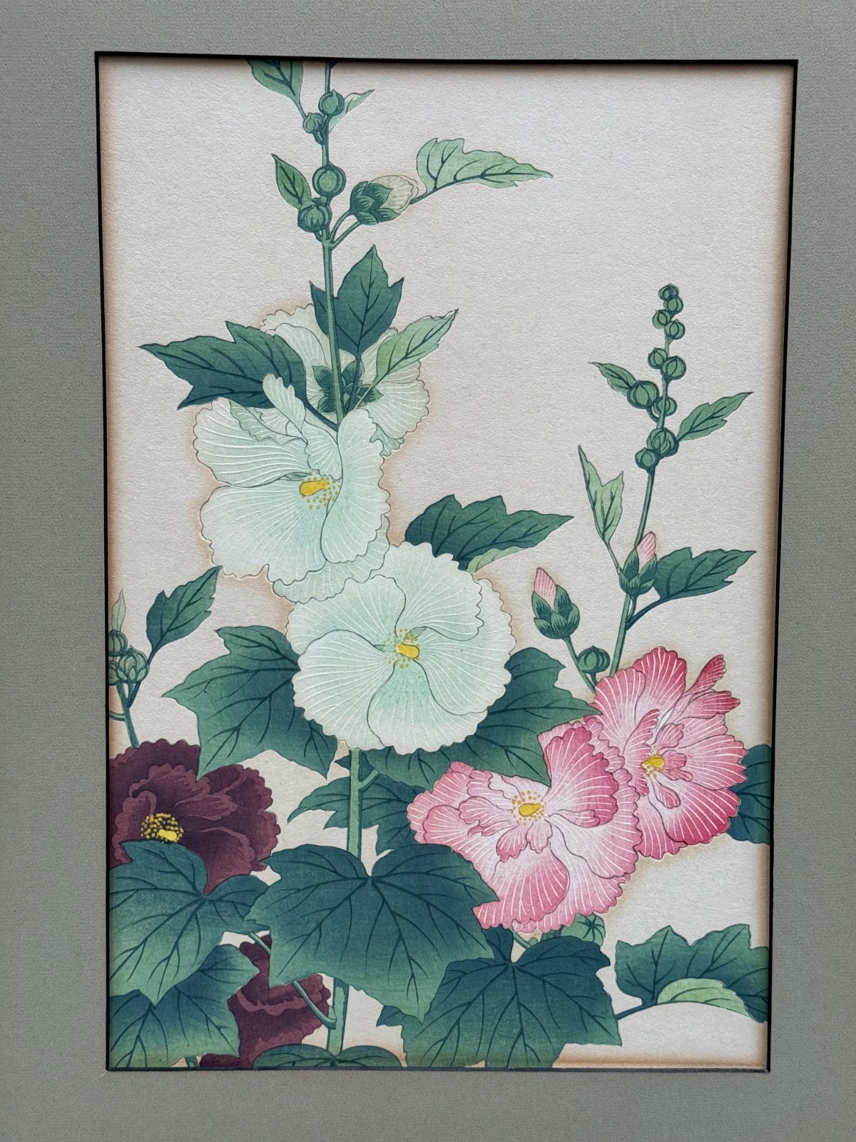 NISHIMURA HODO ORIGINAL HOLLYHOCK FLOWERS WOODBLOCK PRINT1937 ASIAN JAPANESE ART
