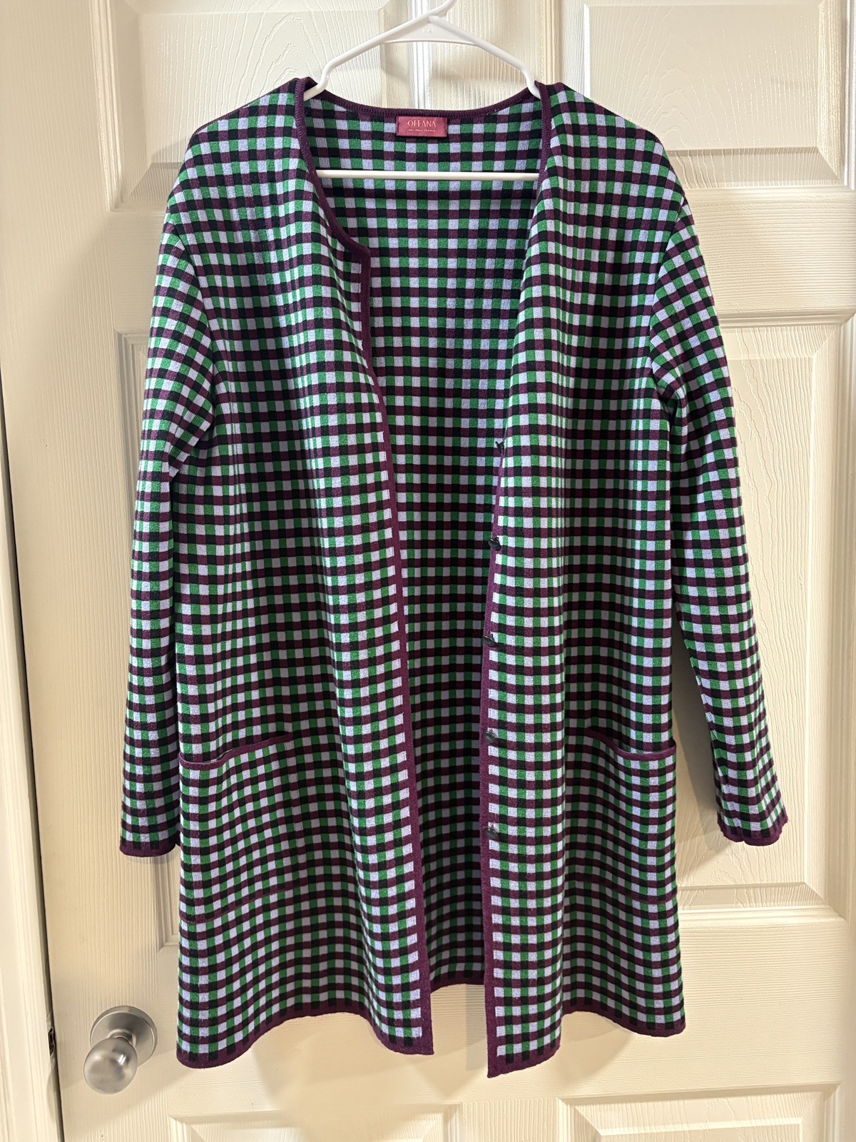 OLEANA Norway Merino Wool Silk Checkered Gingham Long Cardigan Sweater Sz XL⁠