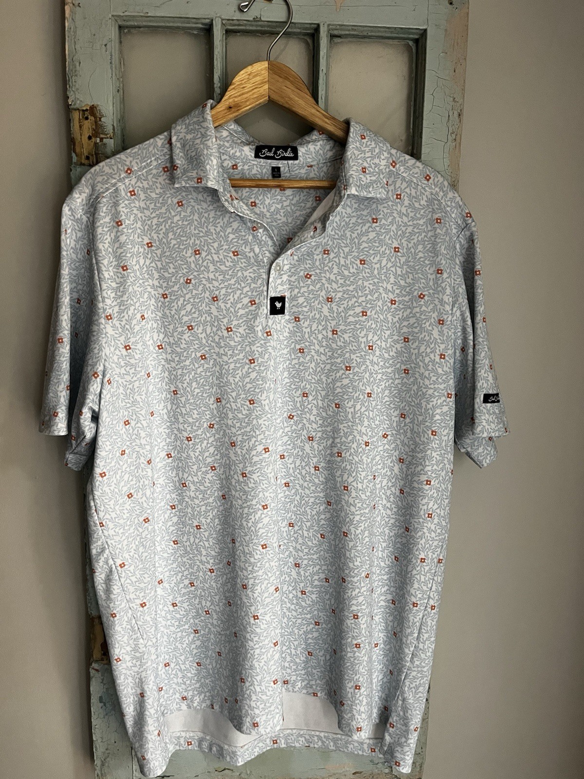 Bad Birdie Golf Polo Shirt Men\'s Large Blue Orange Floral Performance Stretch L
