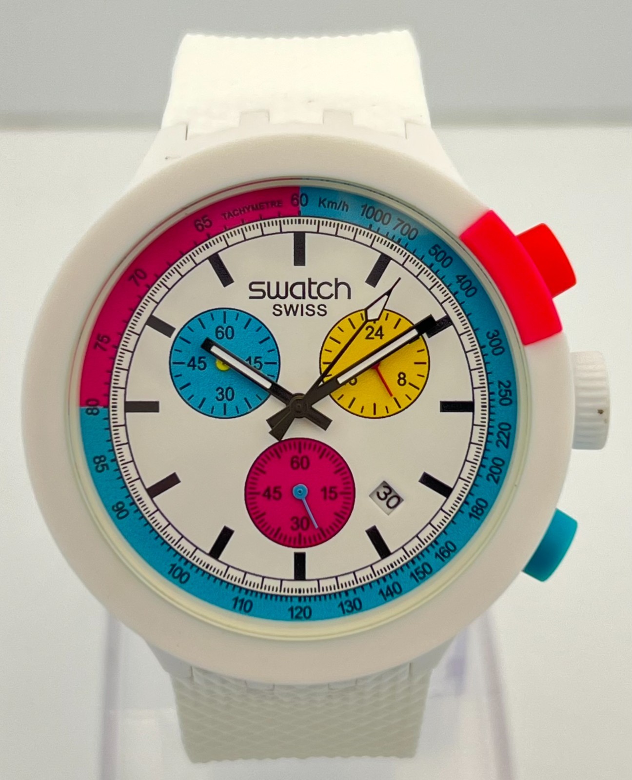 Precious Men\'s Swatch Purity Neon Quartz White Dial Date Working Wristwatch
