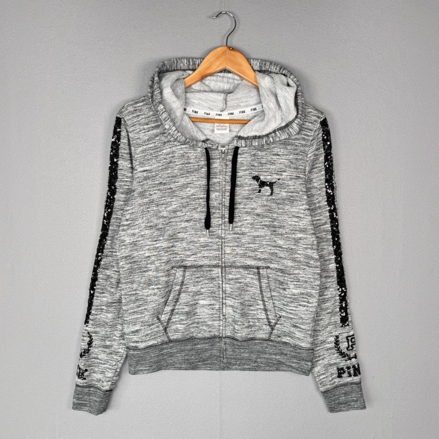 Victoria’s Secret PINK Bling Full Zip Hoodie Size M Gray Marl Sequin Logo Fleece