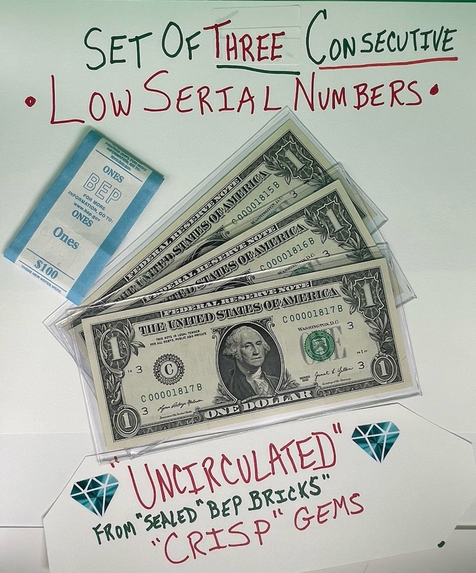 🔥SET OF 3 CONSECUTIVELY NUMBERED 4 DIGIT LOW SERIAL NUMBERS UNCIRCULATED 💎GEM