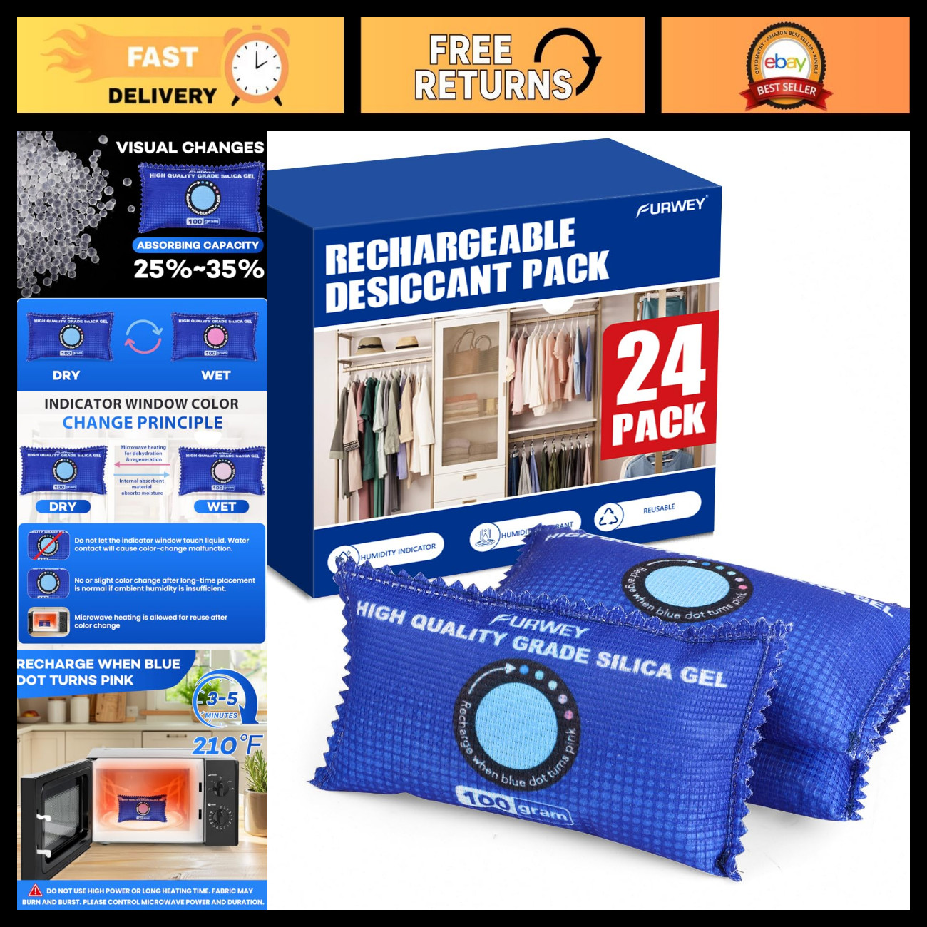 24 Pack Rechargeable Desiccant Packs - 100g Moisture Absorbers for Storage