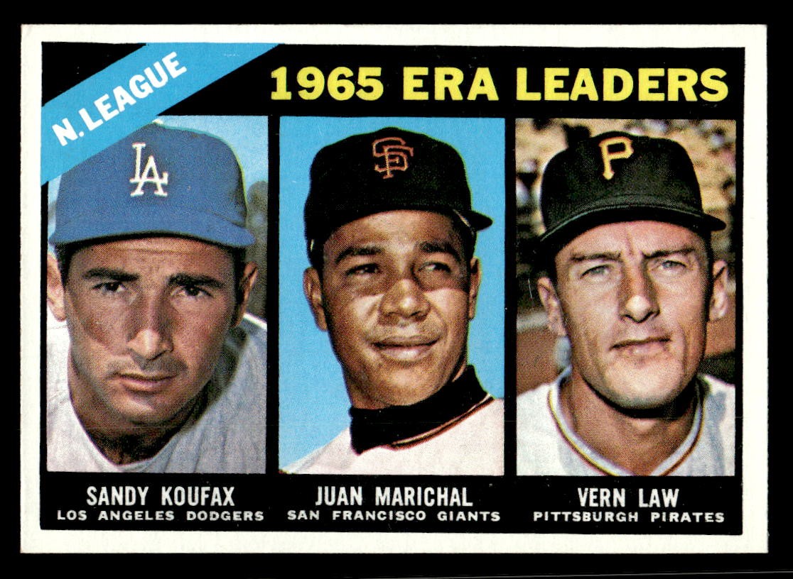 1966 Topps #221 NL ERA Leaders Sandy Koufax / Juan Marichal / Vern Law b