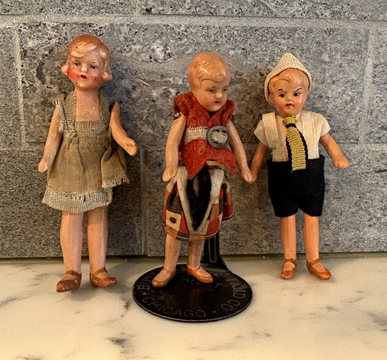 Lot of 3 Antique Miniature Dollhouse Porcelain Dolls w/Movable Limbs & Stand Lot of 3 Antique Miniature Dollhouse Porcelain Dolls w/Movable Limbs & Stand