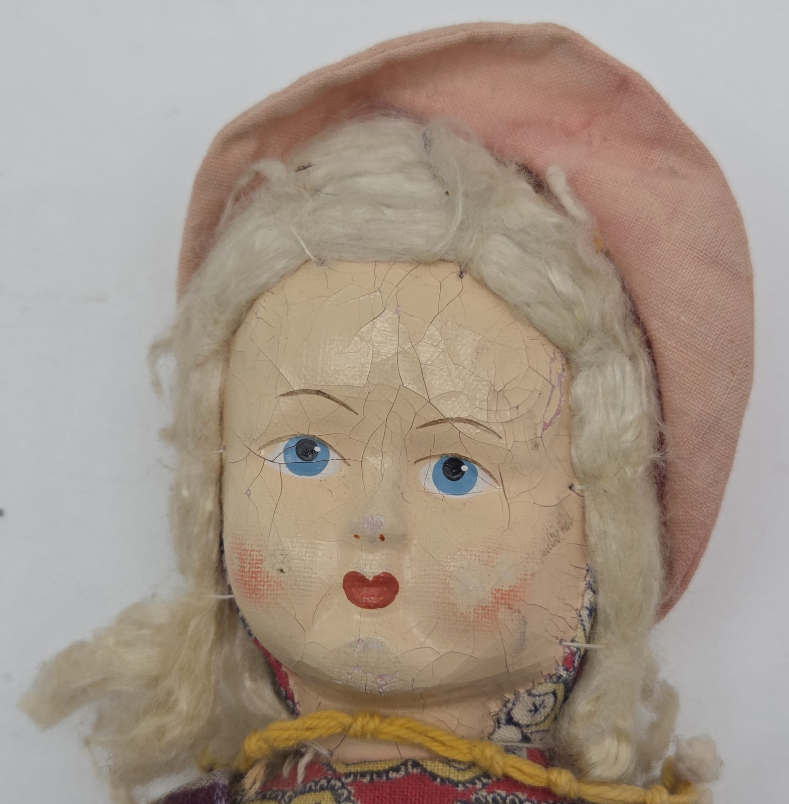 Vintage Polish Folk Cloth Doll Composition Head Painted Face Plaid Dress