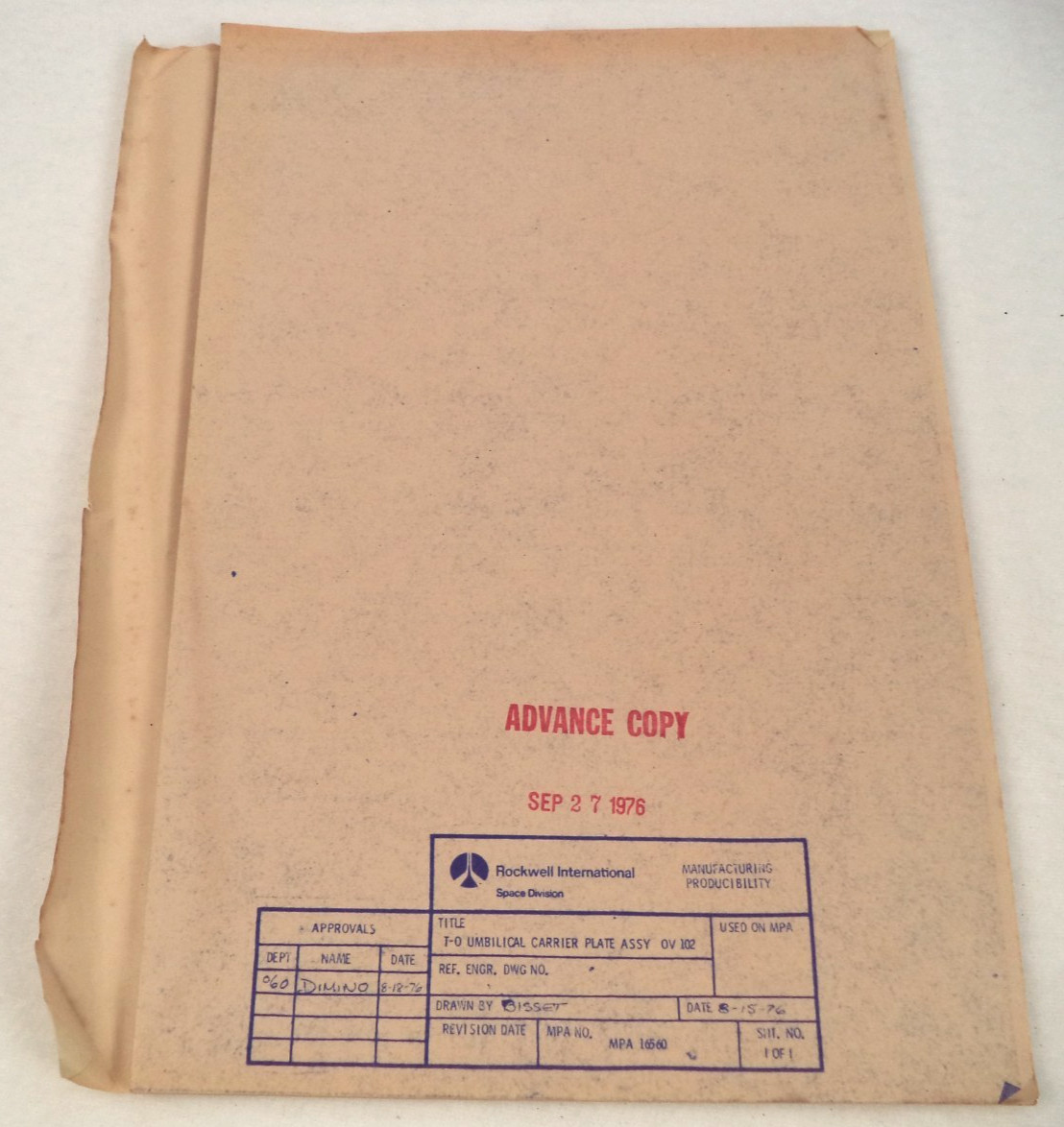 VTG Original 1976 Rockwell NASA Space Shuttle Part Schematics Blueprint Document