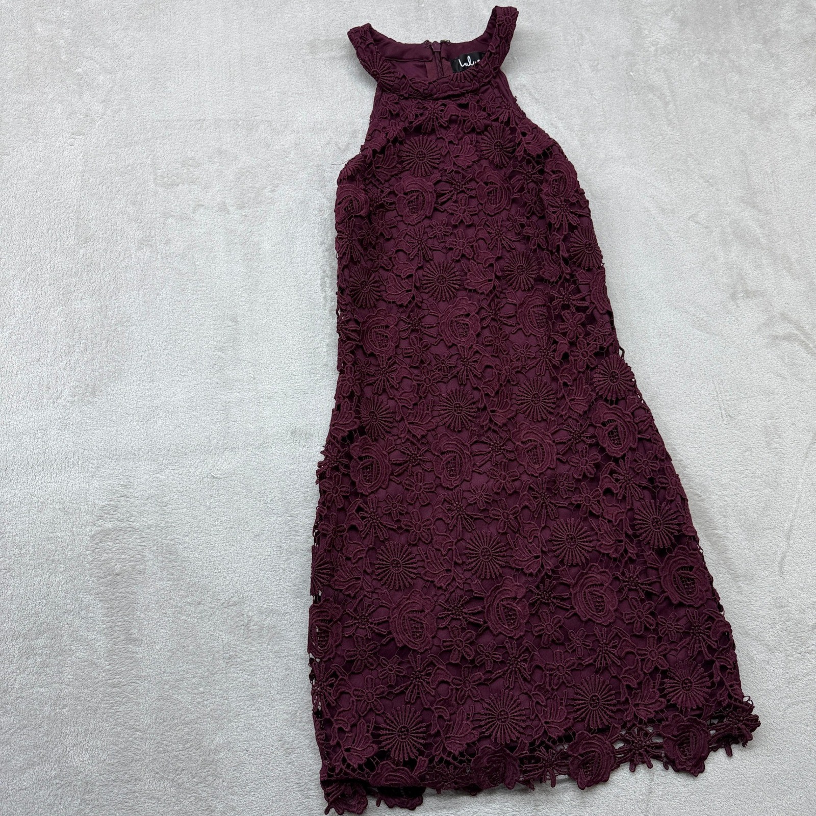 Lulus Dress Women\'s Small Lace Halter Sheath Burgundy Floral Crochet Cocktail