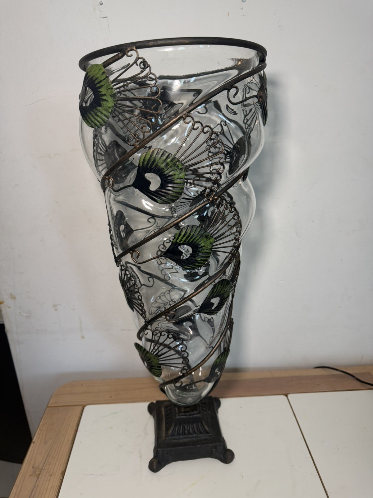 Vintage Hand Blown Cast Iron Large Peacock Feather Vase Vintage Hand Blown Cast Iron Large Peacock Feather Vase