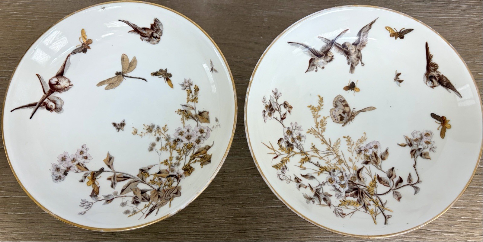 Antique Pirkenhammer Fischer Mieg Pair Pedestal Compotes Tazzas Birds Insects