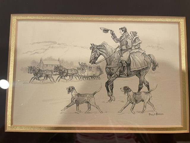 Signed Paul Brown Pencil Drawing Winter Couple on Horseback W Dogs +Sliegh Read Signed Paul Brown Pencil Drawing Winter Couple on Horseback W Dogs +Sliegh Read