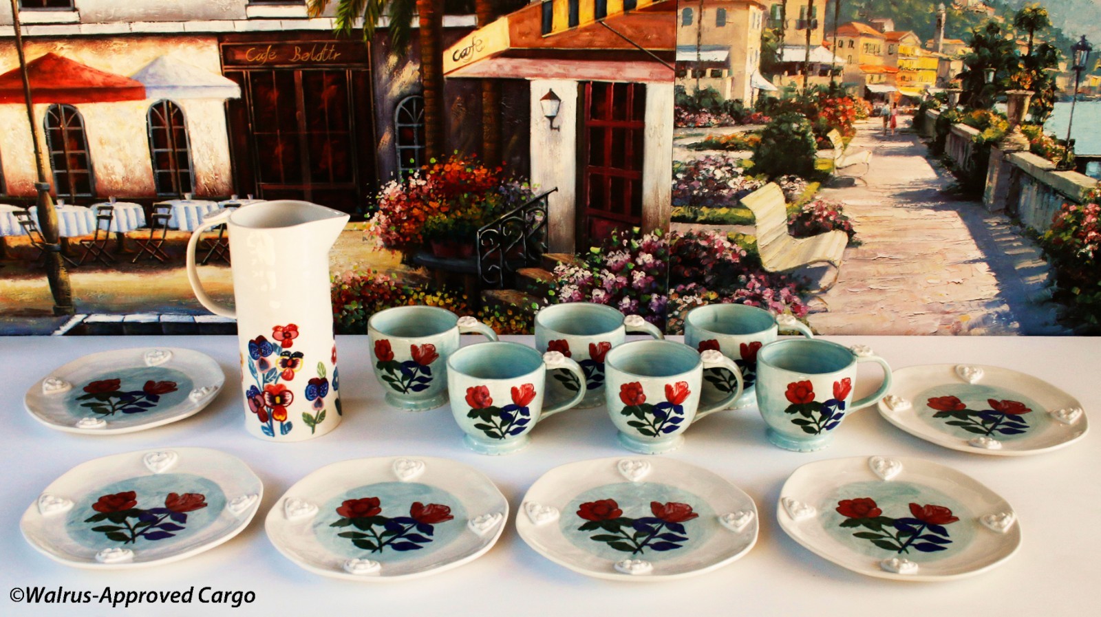 ANTHROPOLOGIE FRANCESCA KAYE MINT FLORAL DESSERT PLATES & MUGS (6), PITCHER -NIB