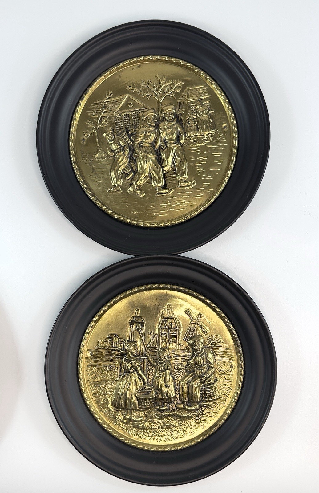 Vintage Dutch Style Wall Plaques Set of 2 Tin Brass Tone Windmill
