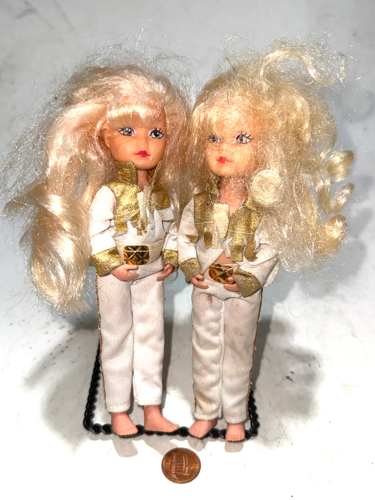 (2) 1985 Creata Blonde 5.5” Cowgirl Dolls White Outfit Lavender Eyes Gold Trim