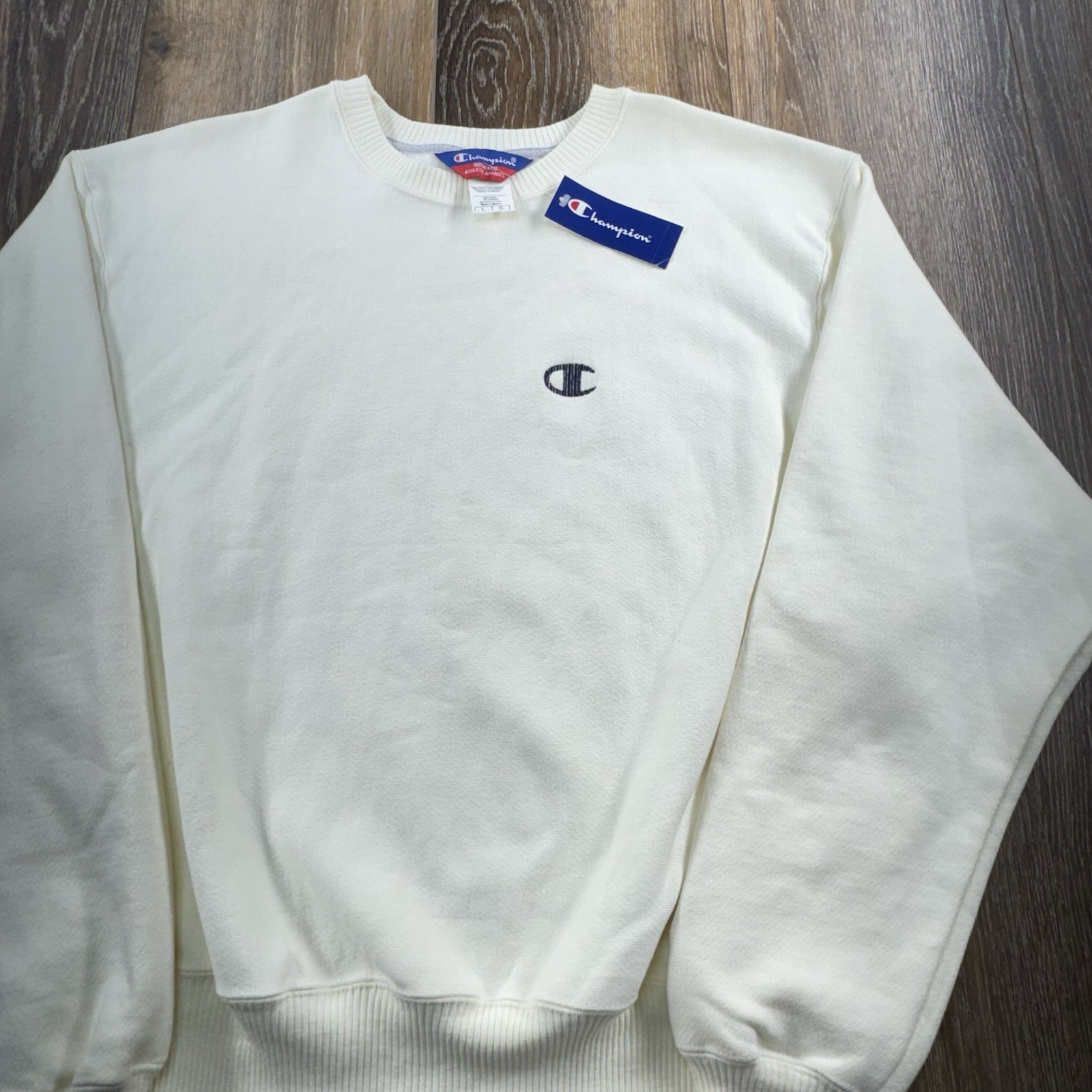 Vintage Champion Sweatshirt Mens L Vanilla Embroidered C Chest Logo Deadstock