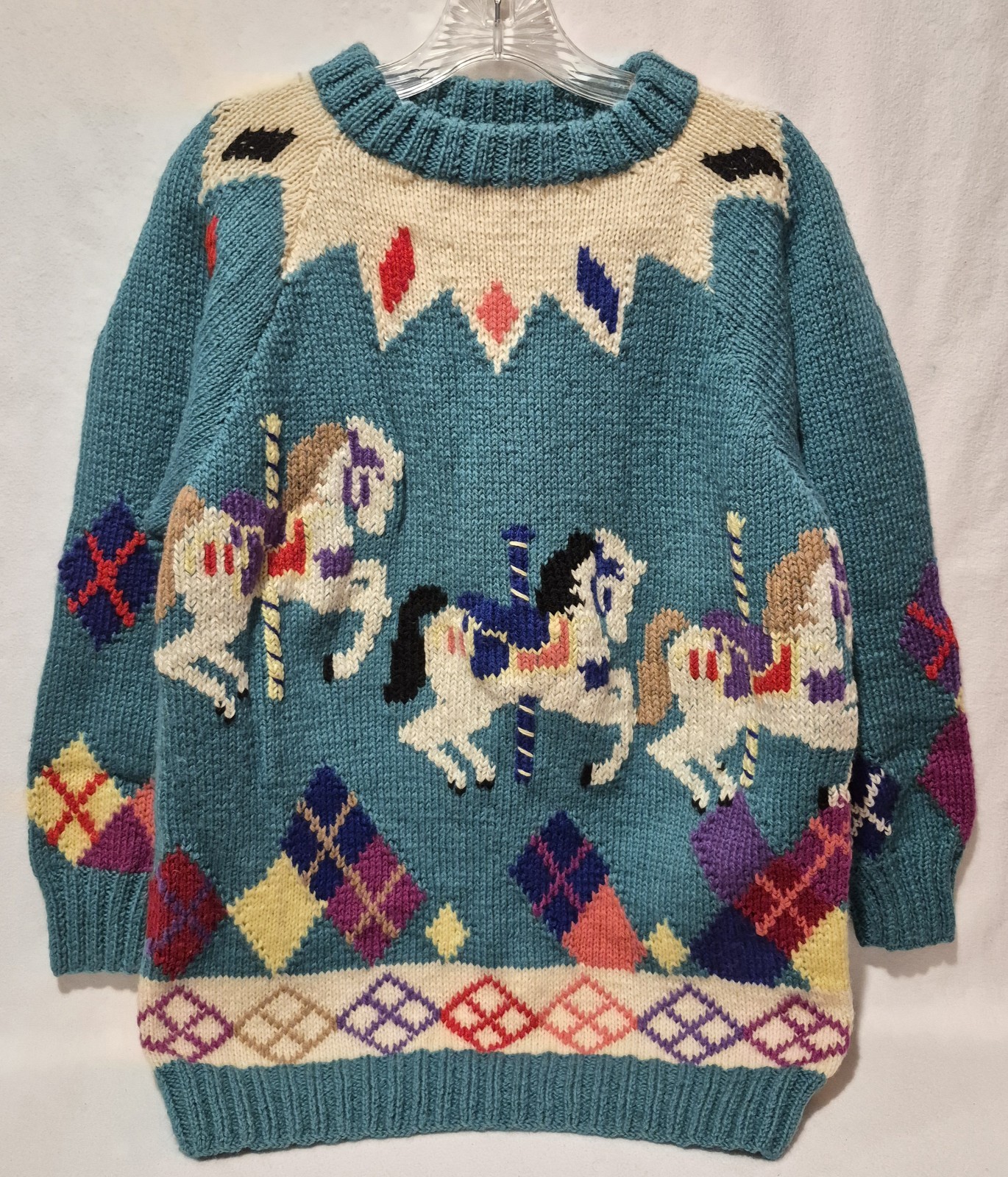 Vintage Berek Hand Knit Wool Pullover Sweater Carousel Horses Cozy Novelty L/XL