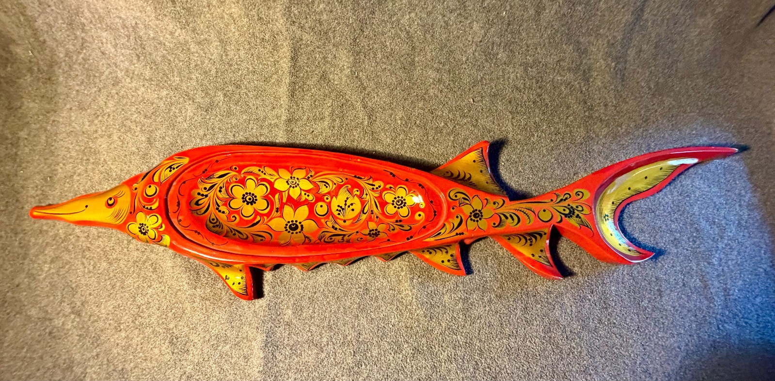 Vintage Russian Khokhloma Sturgeon Fish Wood Serving Tray Platter Folk Art