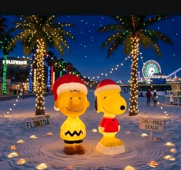 Blow Mold Decor Woodstock And Charlie Brown with Santa Hat 22 in NEW