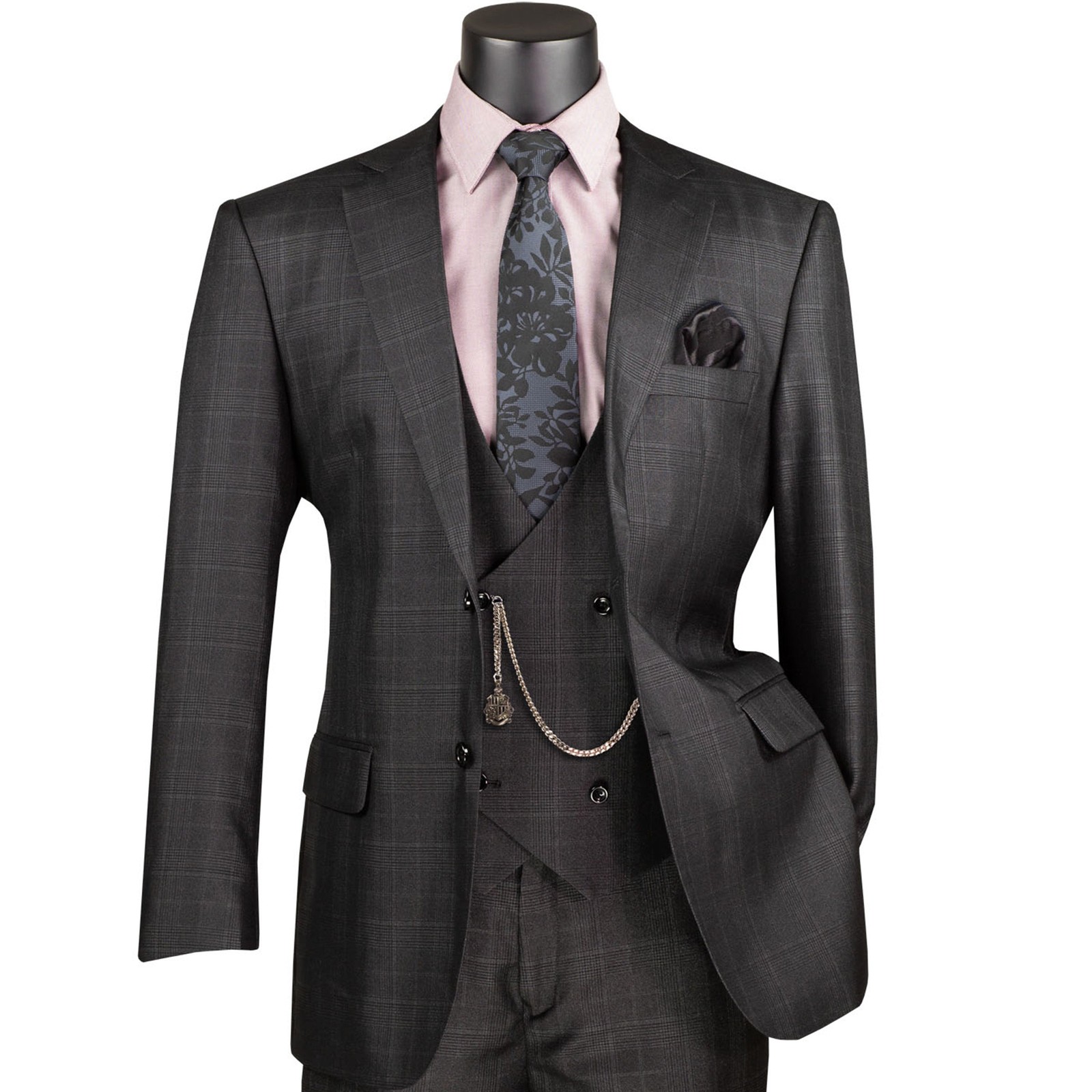 VINCI Men\'s Black Sharkskin Glen Plaid 3pc Classic Fit Suit w/ Flex Waist - NEW