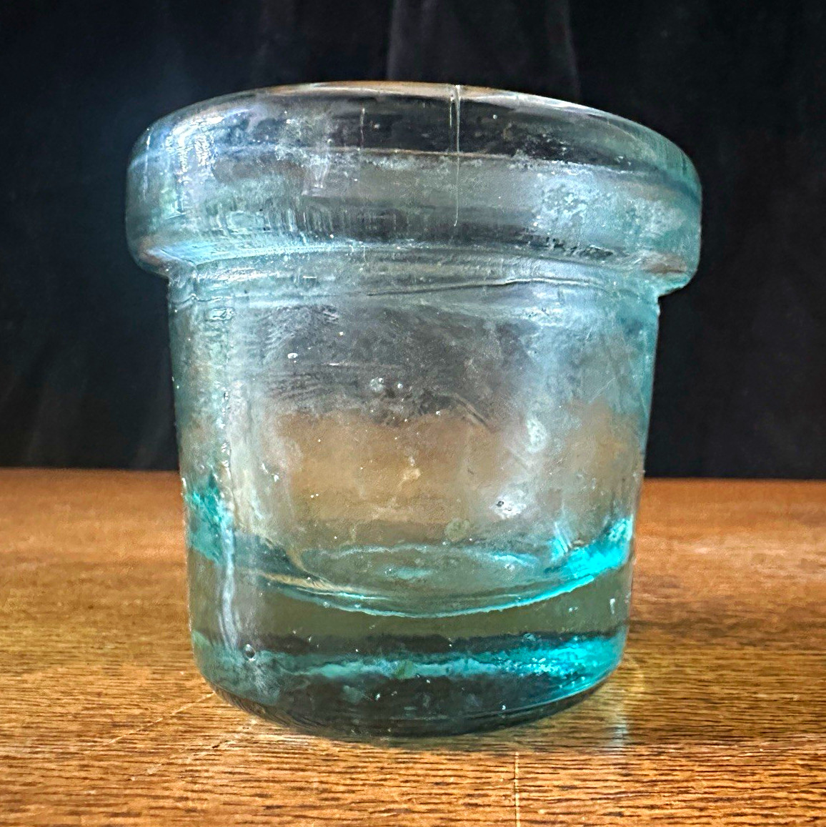 vintage 19th or 20th C aqua blue glass master inkwell jar (or inkpot)