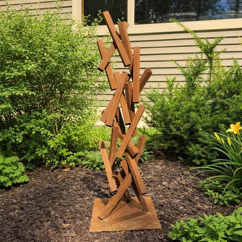 Handcrafted Modern Rusted Metal Garden Sculpture Abstract Outdoor Steel Yard Art