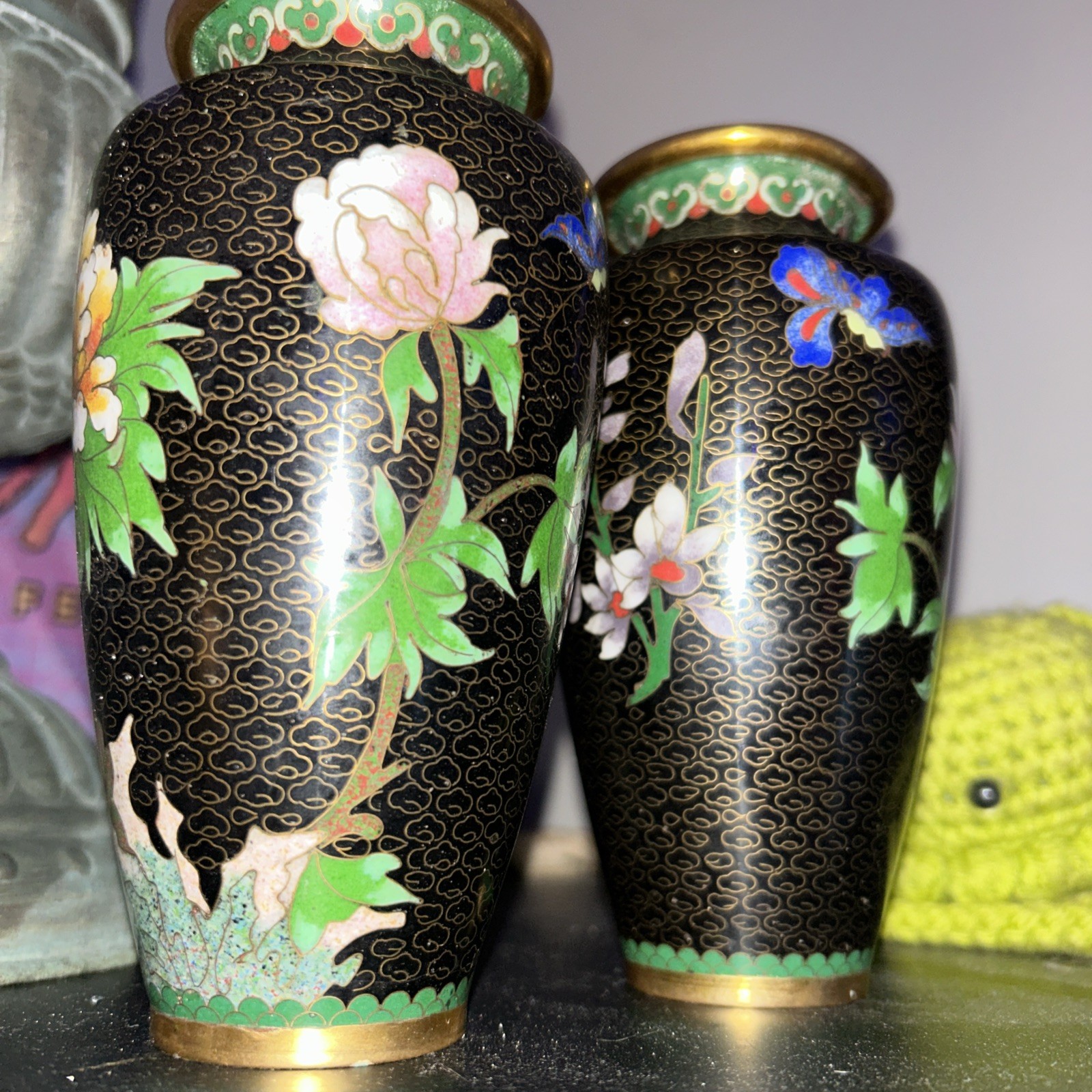 Pair of Vintage Japanese Ginbari Emerald Green Cloisonné Enamel Vases Pair of Vintage Japanese Ginbari Emerald Green Cloisonné Enamel Vases