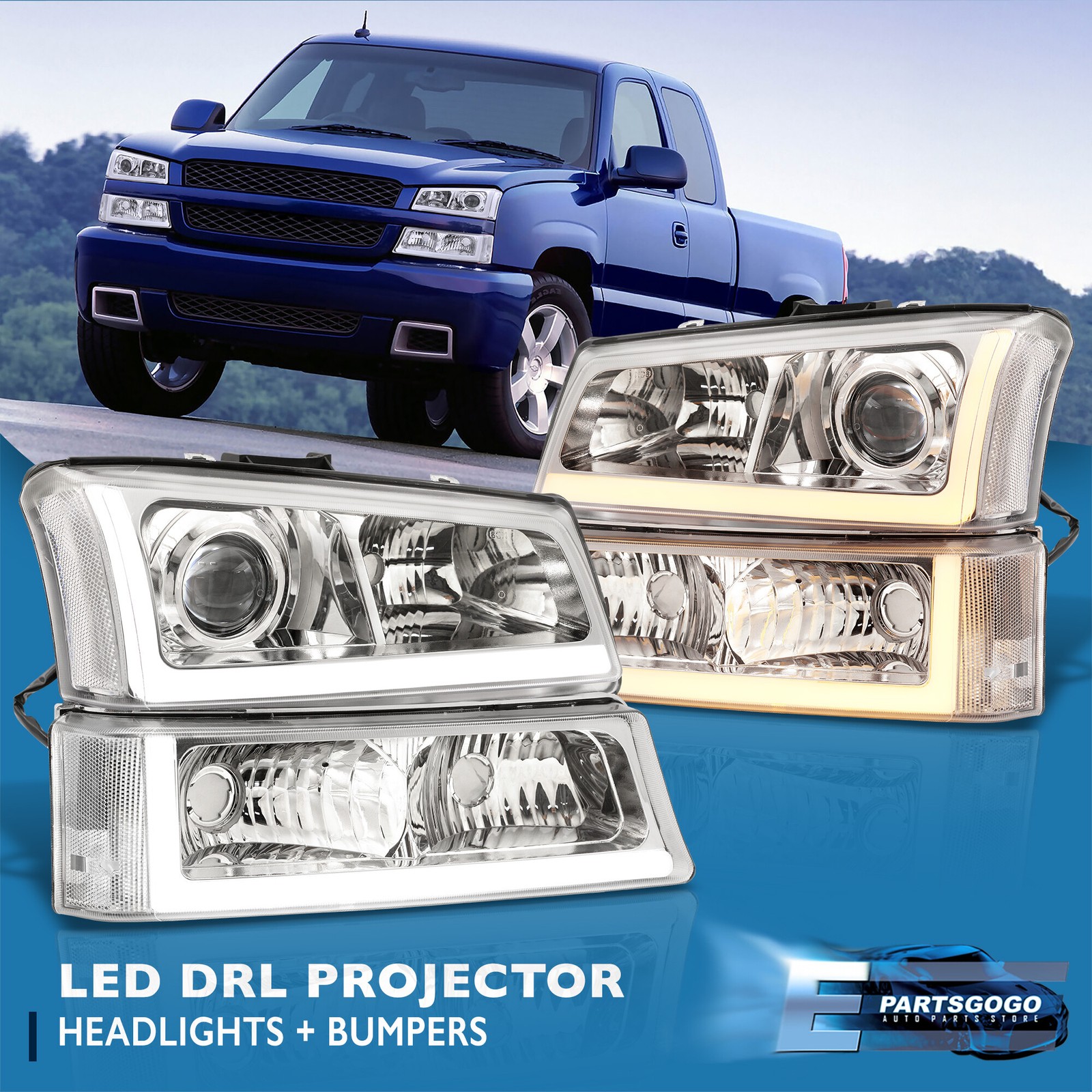 For 03-07 Chevy Silverado Clear DRL Projector Headlights +Sequential Bumper Lamp