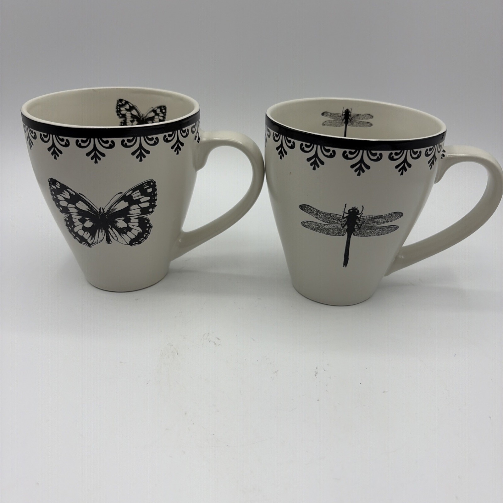 World Market Off White Black Dragonfly & Butterfly Mug French Letterpress Rim World Market Off White Black Dragonfly & Butterfly Mug French Letterpress Rim