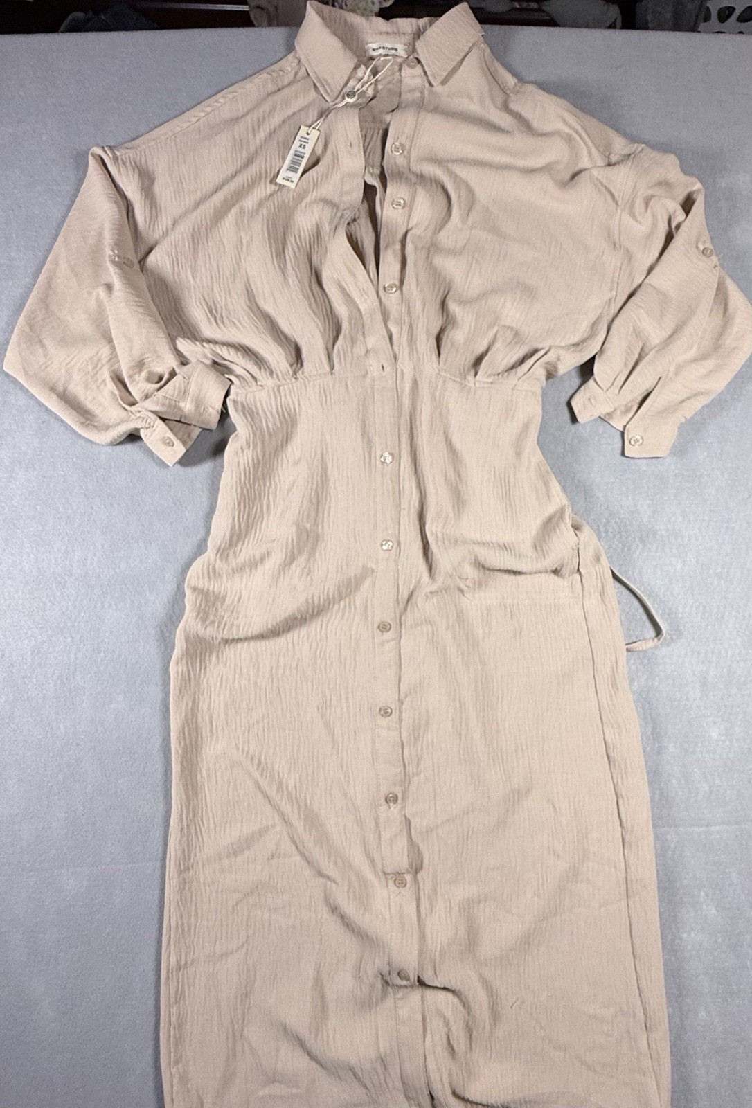 Max Studio Women’s XS Shirt Dress NWT Tan Crinkle Long Sleeve Tie Waist Midi