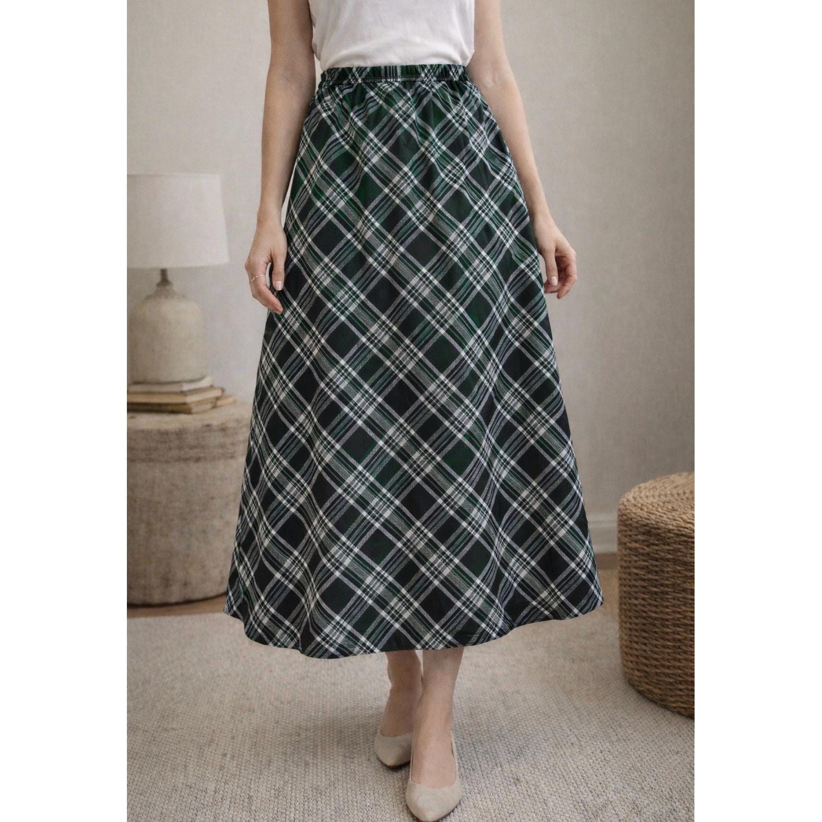 VTG Sag Harbor Green Plaid Midi Skirt Women 14 Dark Academia Preppy Minimalist