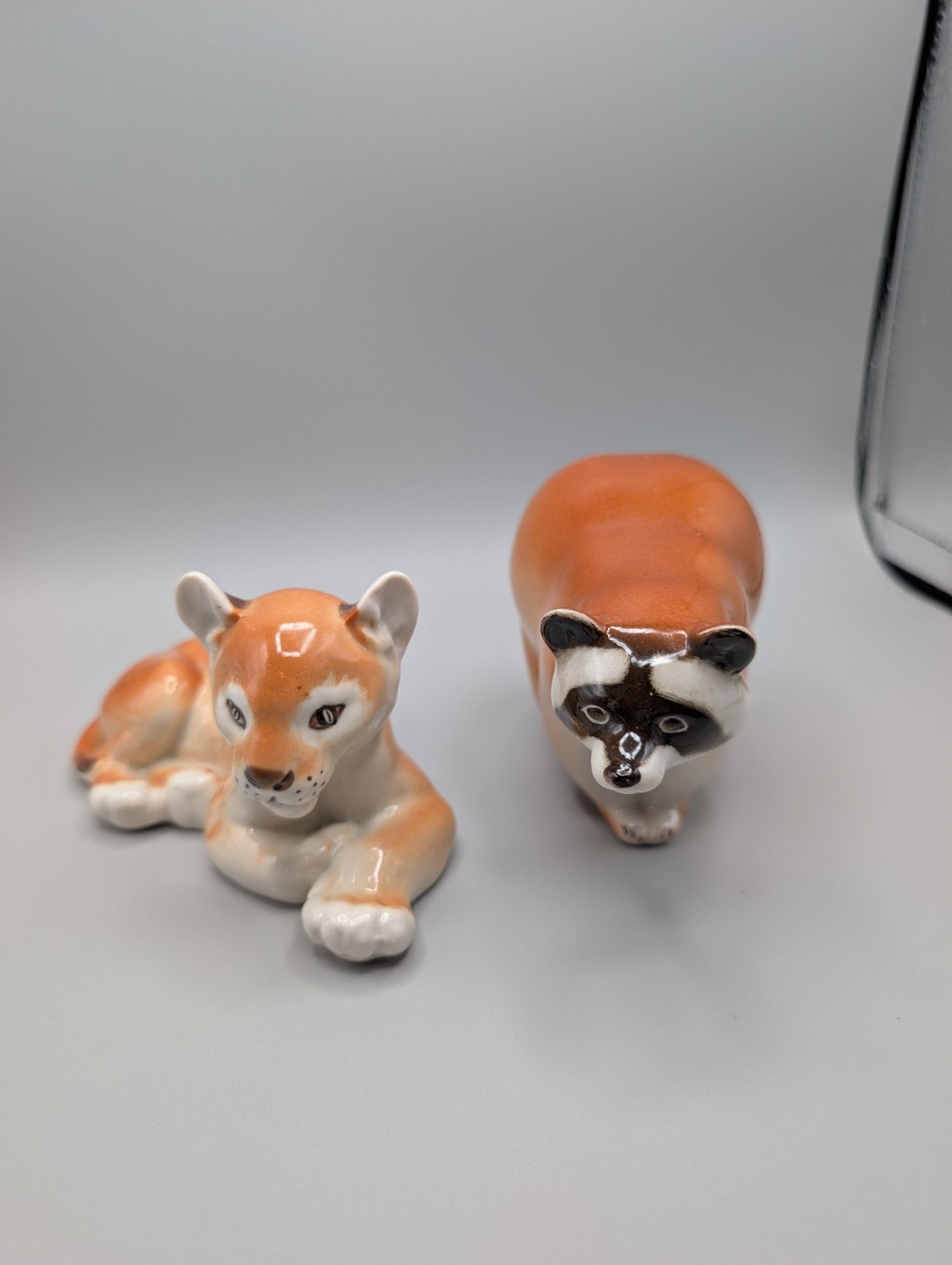 Vintage USSR Lomonosov LFZ Porcelain Animal Figurines Lot Raccoon & Lion Cub Red