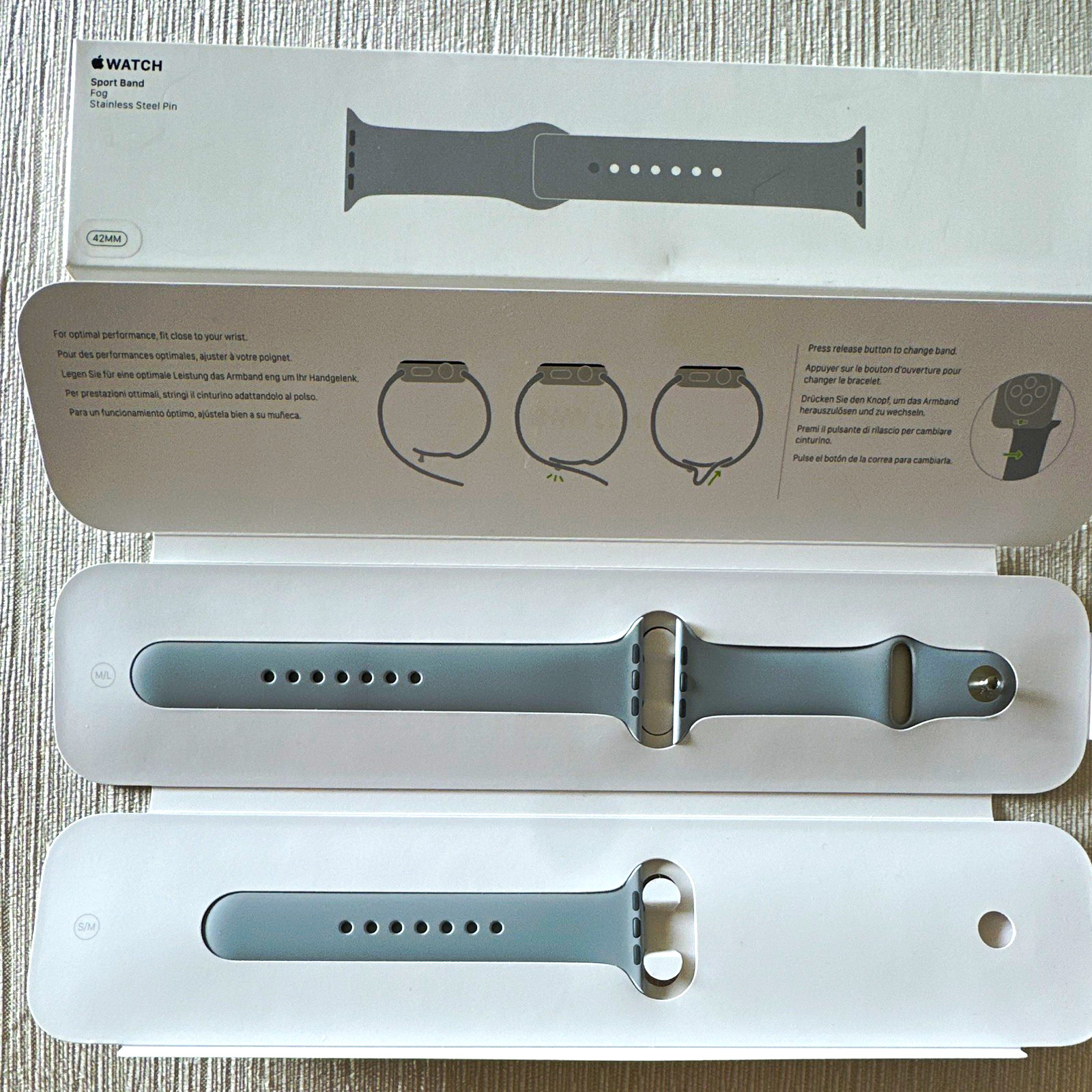 RARE OEM genuine Apple Watch Sport Band 42mm Fog MLJU2ZM/A  Open Box S/M M/L