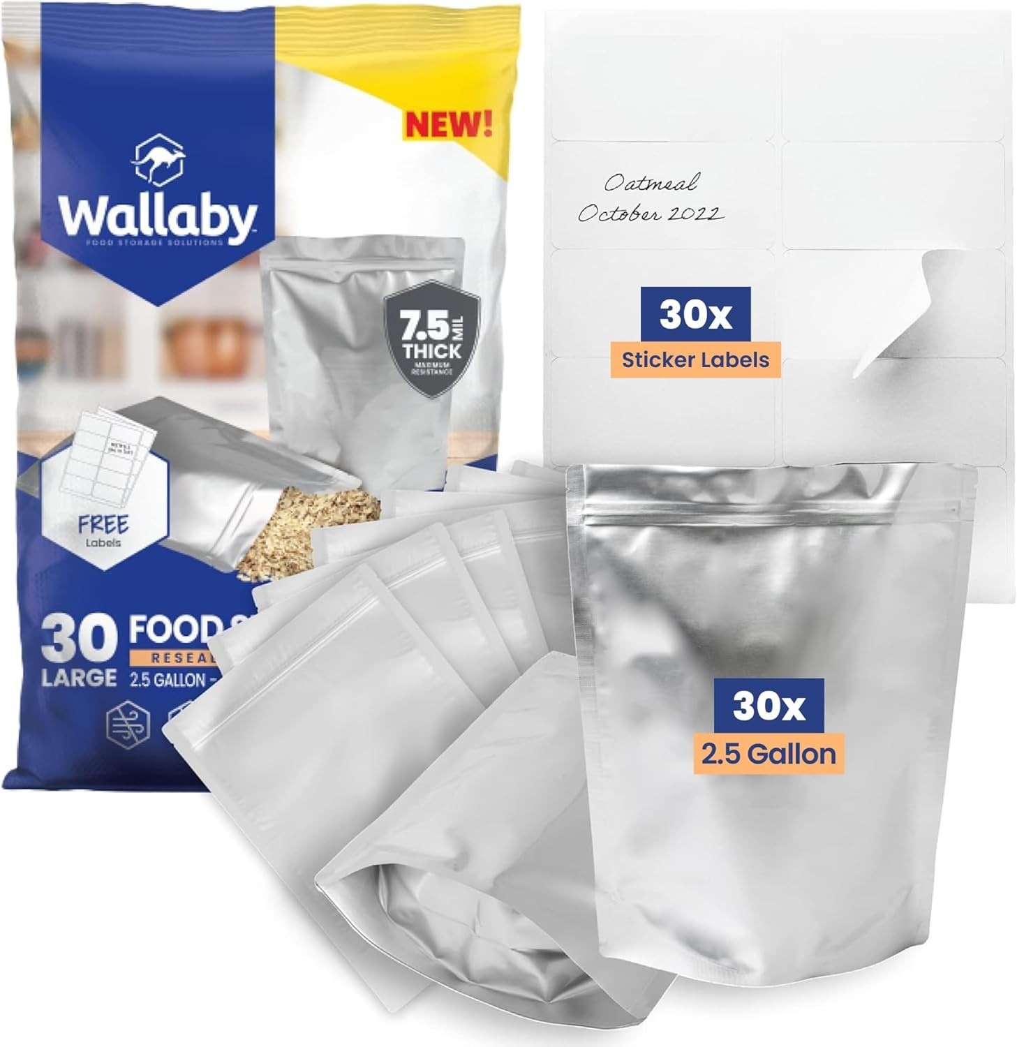 Wallaby 30ct 2.5-Gallon Gusset Mylar Bags w/ Labels Food Storage Zipper Wallaby 30ct 2.5-Gallon Gusset Mylar Bags w/ Labels Food Storage Zipper