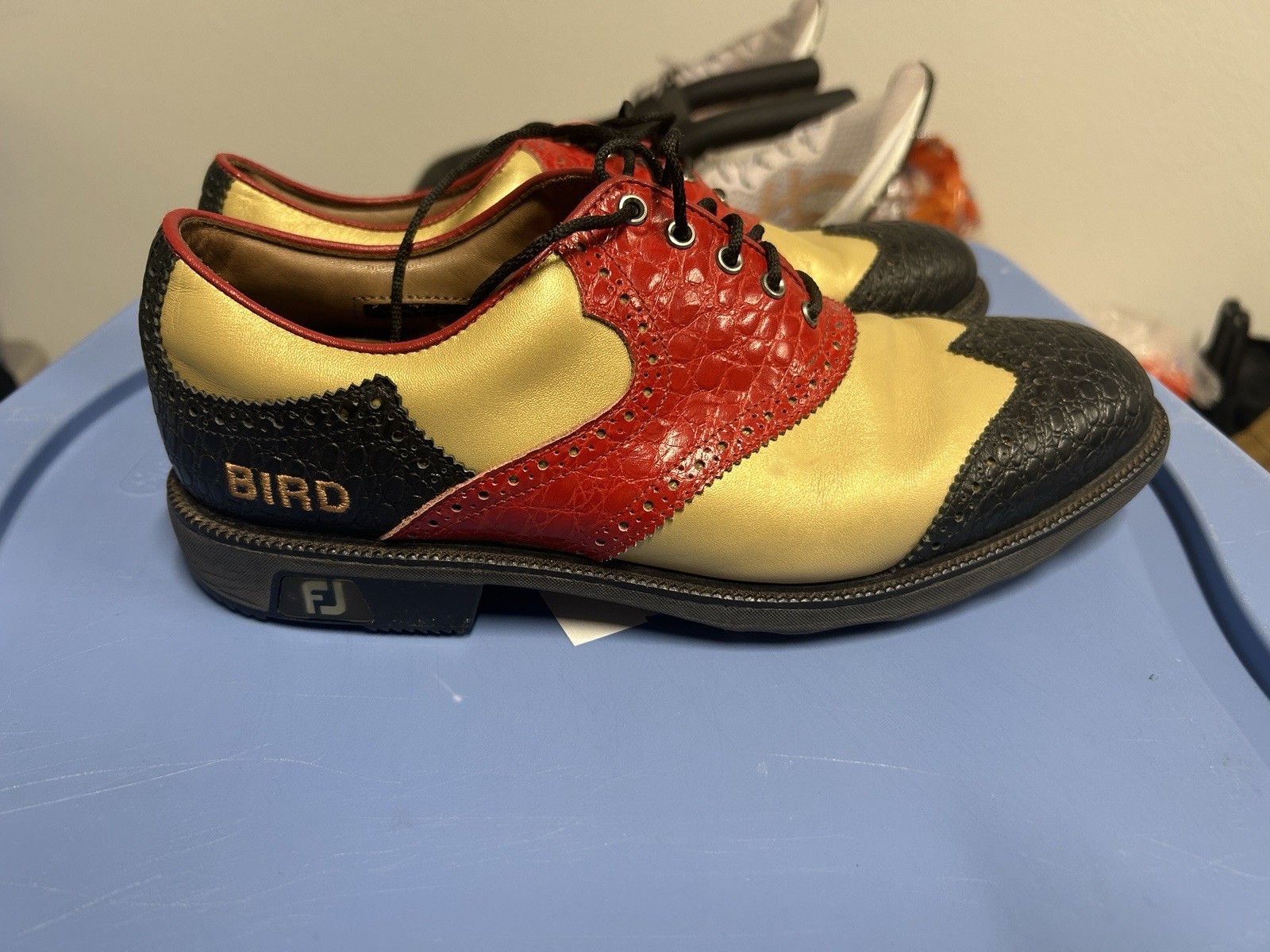 MyJoys by FootJoy Custom Leather Saddle Golf Shoes Sz 8.5XW Gold Red Black Wide