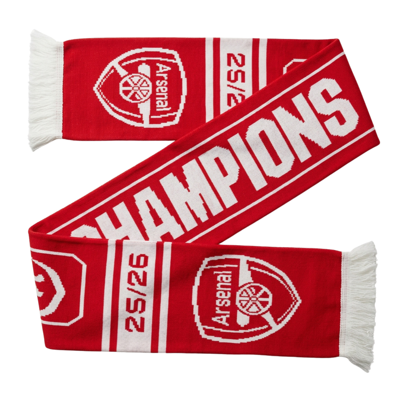 Official Arsenal FC EPL Champions 2025/26 Soccer Scarf Red White Acrylic Fringe Official Arsenal FC EPL Champions 2025/26 Soccer Scarf Red White Acrylic Fringe