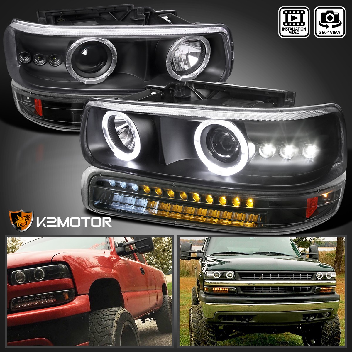 Fits 1999-2002 Silverado 00-06 Tahoe Black Projector Headlights+LED Bumper Lamps Fits 1999-2002 Silverado 00-06 Tahoe Black Projector Headlights+LED Bumper Lamps