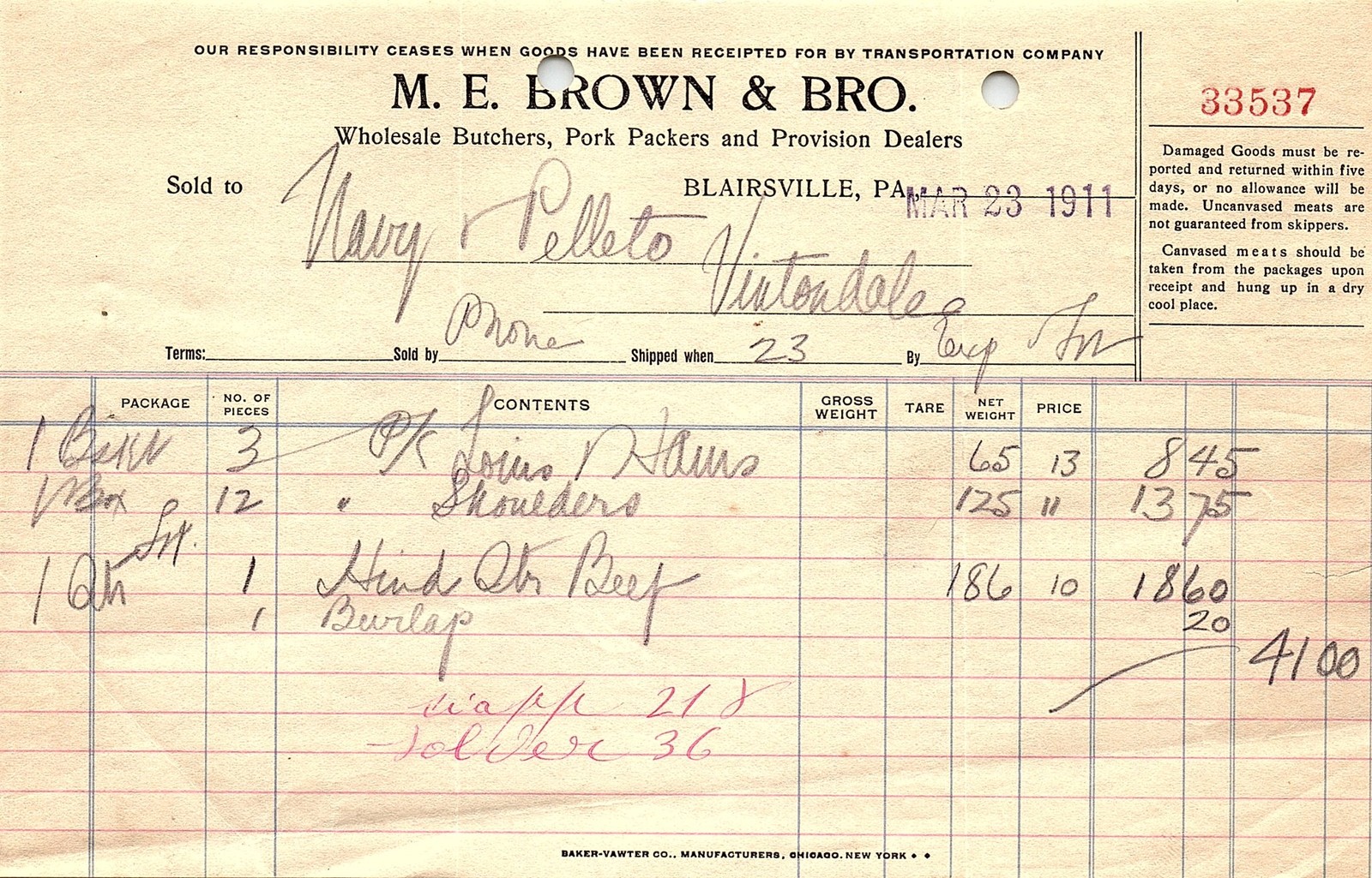 1911 M.E. Brown & Bro. Butcher Billhead Blairsville PA 1911 M.E. Brown & Bro. Butcher Billhead Blairsville PA