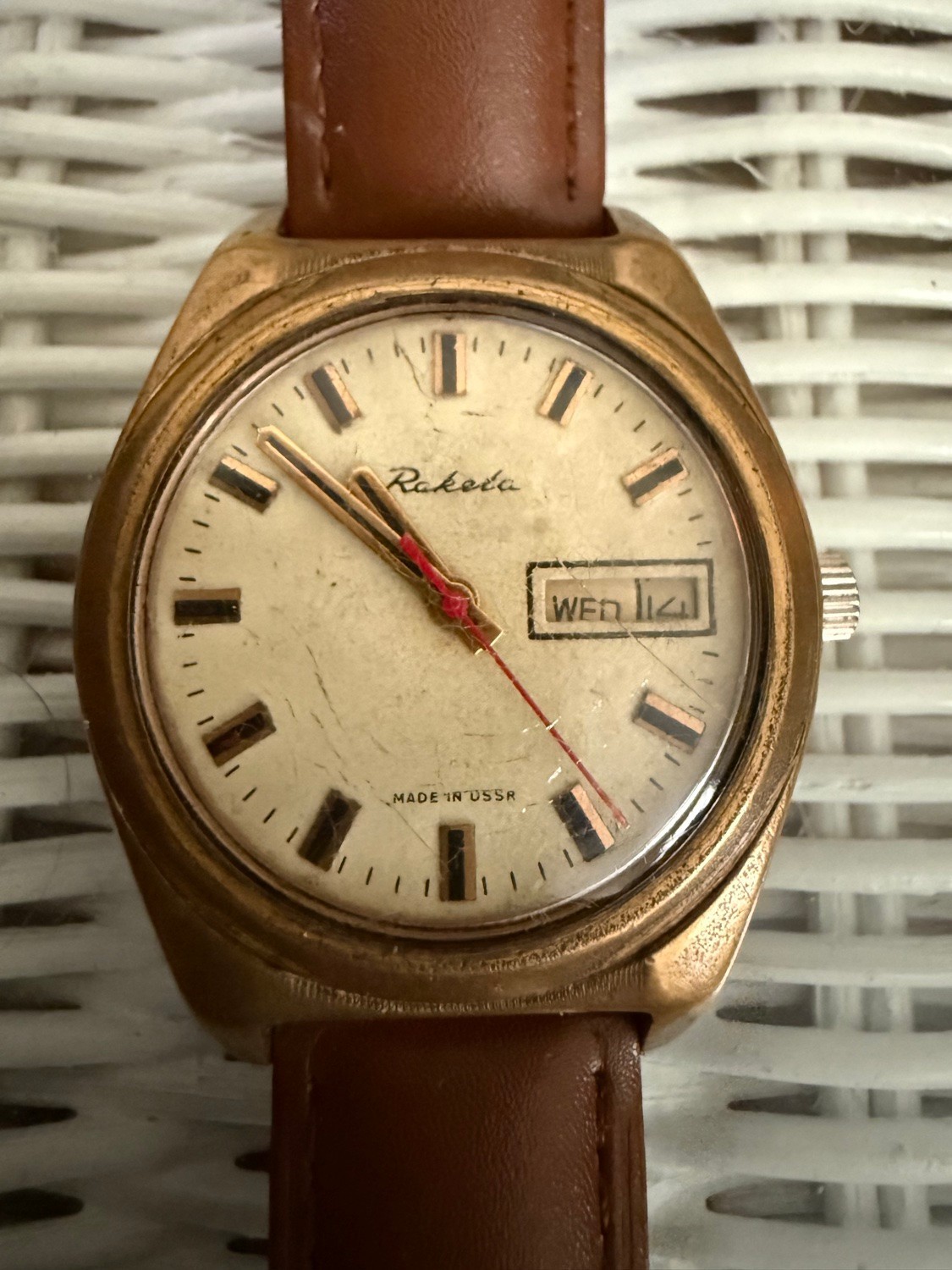 Vintage Raketa Day-Date Watch Made in USSR Gold Tone Cream Dial Leather Strap