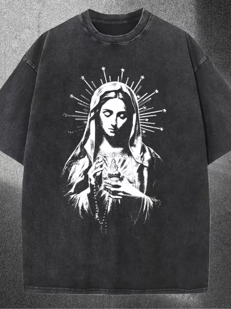 Men'S Vintage Catholic Icon T-Shirt - Guadalupe And Sacred Heart Design, Soft Wa