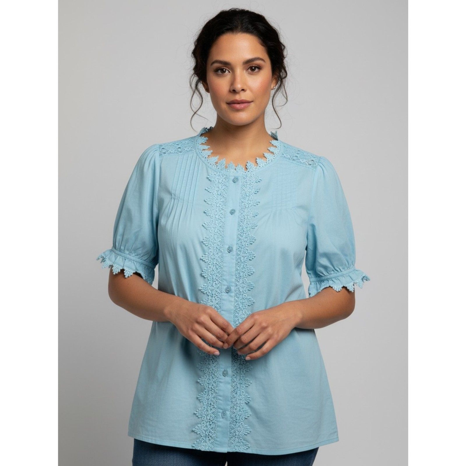 Talbots NWT Powder Blue Cotton Crochet Lace Trim Puff Sleeve Cottagecore Top L Talbots NWT Powder Blue Cotton Crochet Lace Trim Puff Sleeve Cottagecore Top L
