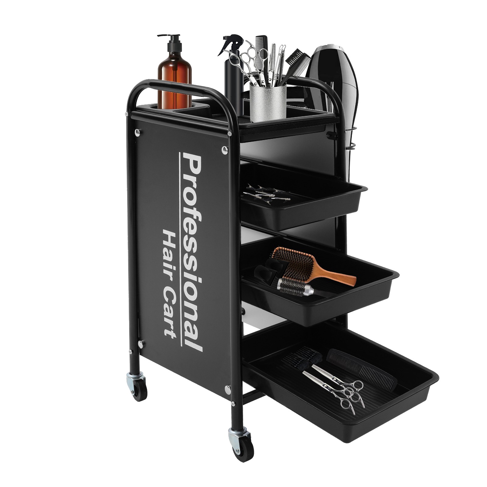 4-tier Salon Trolley Cart With Drawers On Wheels, Salon Spa Rolling Cart, Black