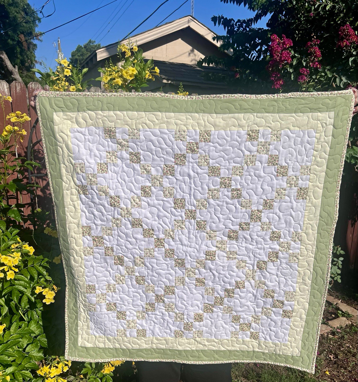 Quilt Baby Cotton Irish Chain, Green & Yellow w-cuddle fabric on back 37”x37” Quilt Baby Cotton Irish Chain, Green & Yellow w-cuddle fabric on back 37”x37”