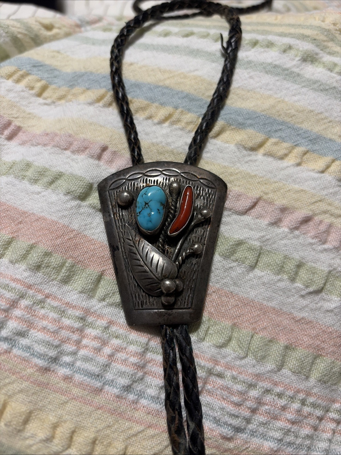 Vintage Navajo Bolo Tie sterling Silver Turquoise & Coral  Feather  Old Pawn 