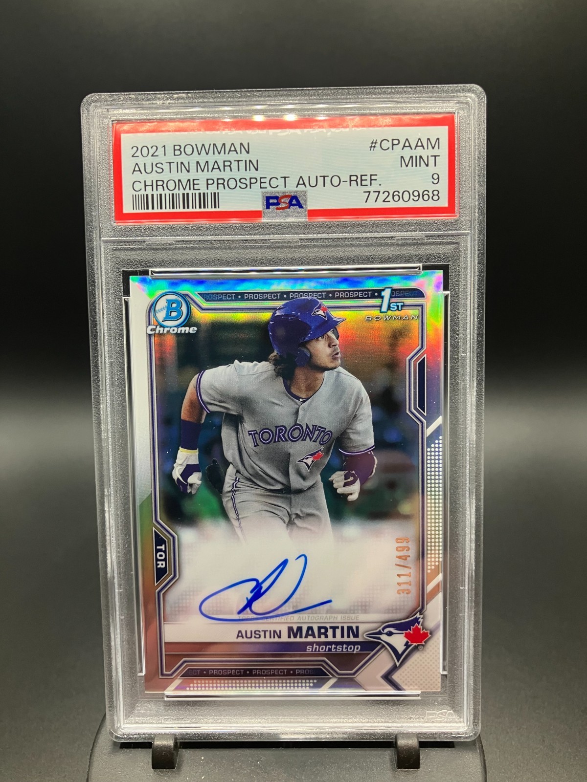 Austin Martin 2021 Bowman Chrome 1st on card Auto /499 Refractor PSA 9 Austin Martin 2021 Bowman Chrome 1st on card Auto /499 Refractor PSA 9
